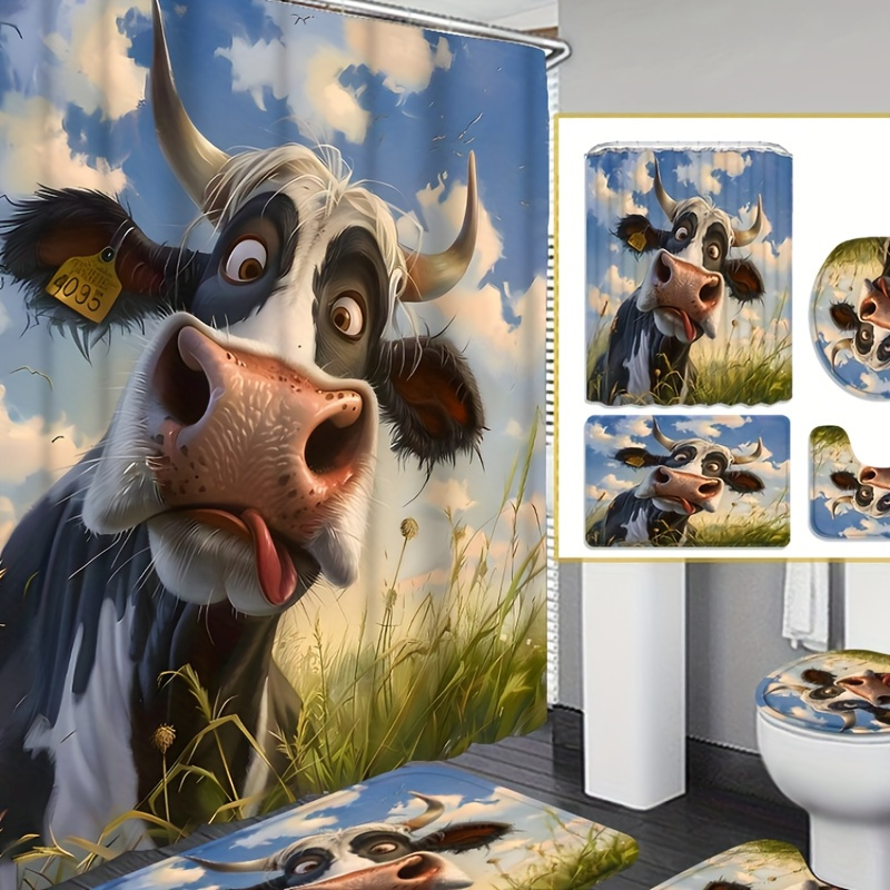 

Sample 1/4pcs 70.8x70.8in Sky And Cow Series Gift Bathroom Decoration Curtain And Toilet Mat -piece Set With 12 Shower Curtain Hooks