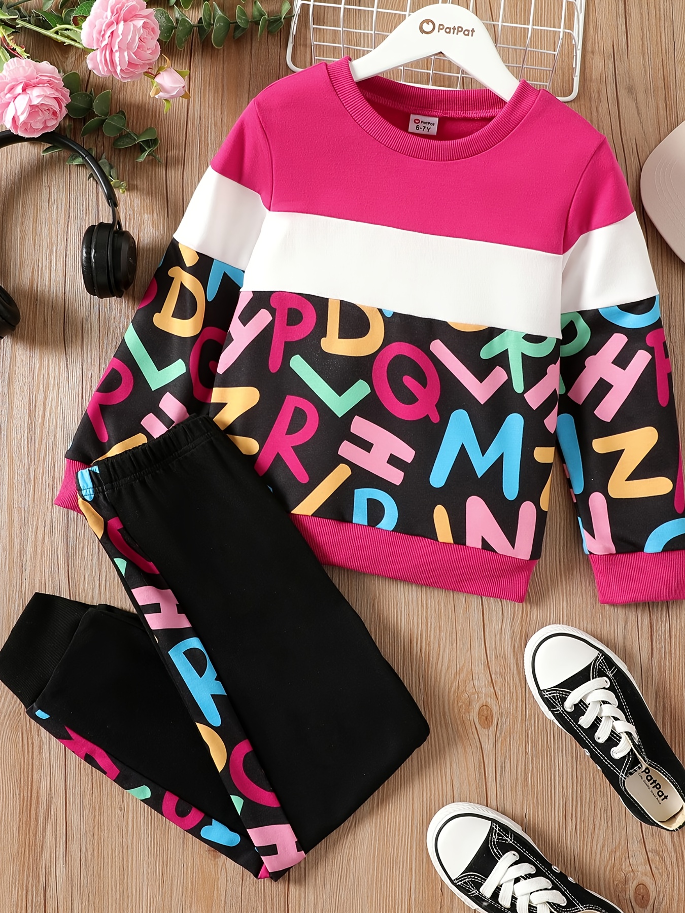 Letter Print Trendy Girls Color Block Long Sleeve Sweatshirt - Temu