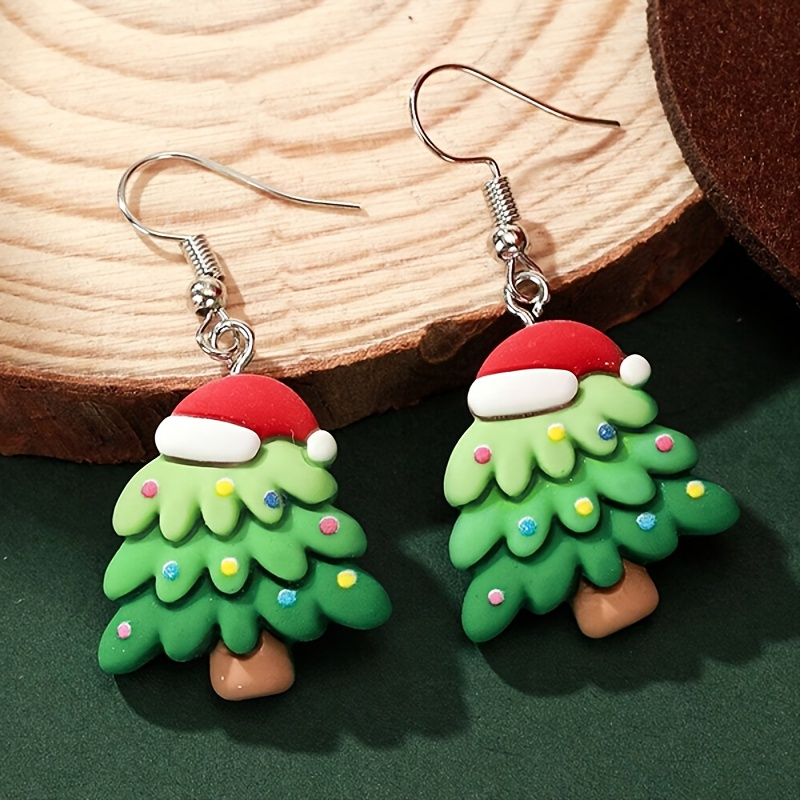 

Chic Christmas Tree Dangle Earrings For Women - Resin With Santa Hat Design, Holiday Parties & Gifts