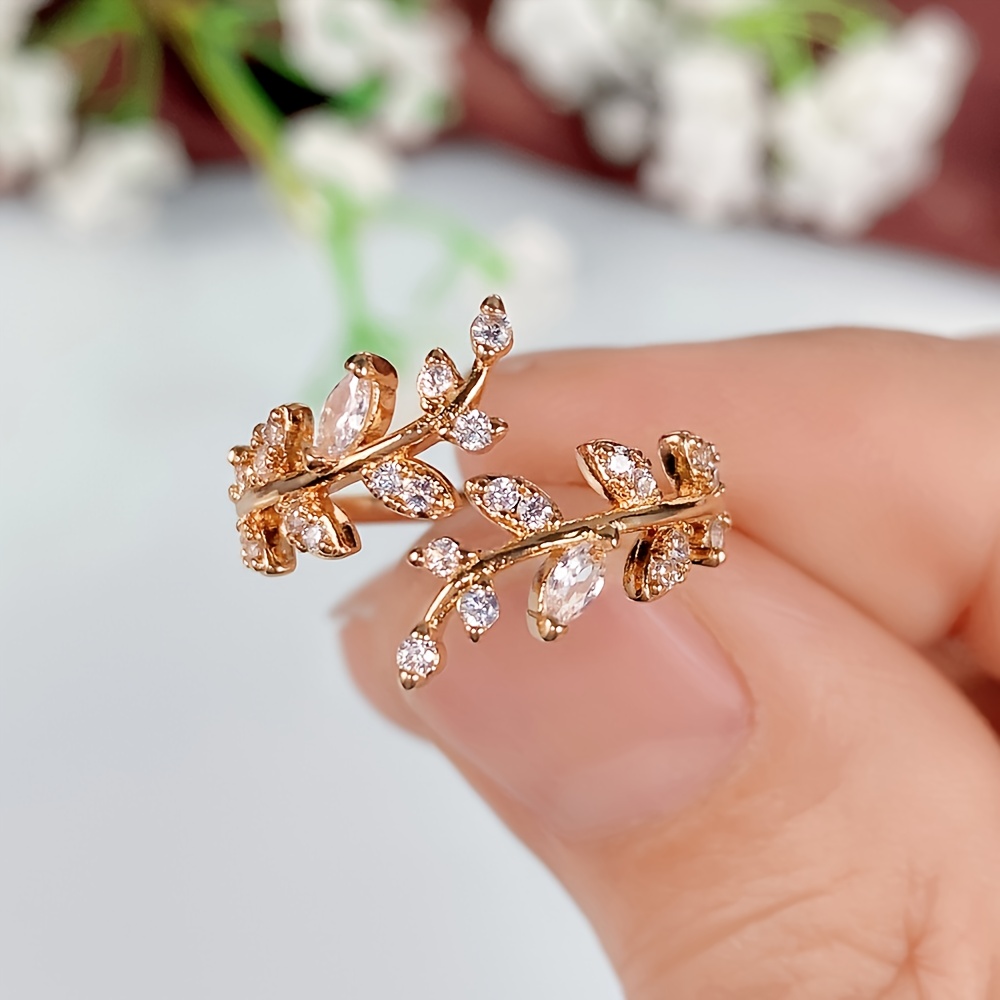 Leaf Shape Adjustable Cuff Ring with Zircon, Delicate