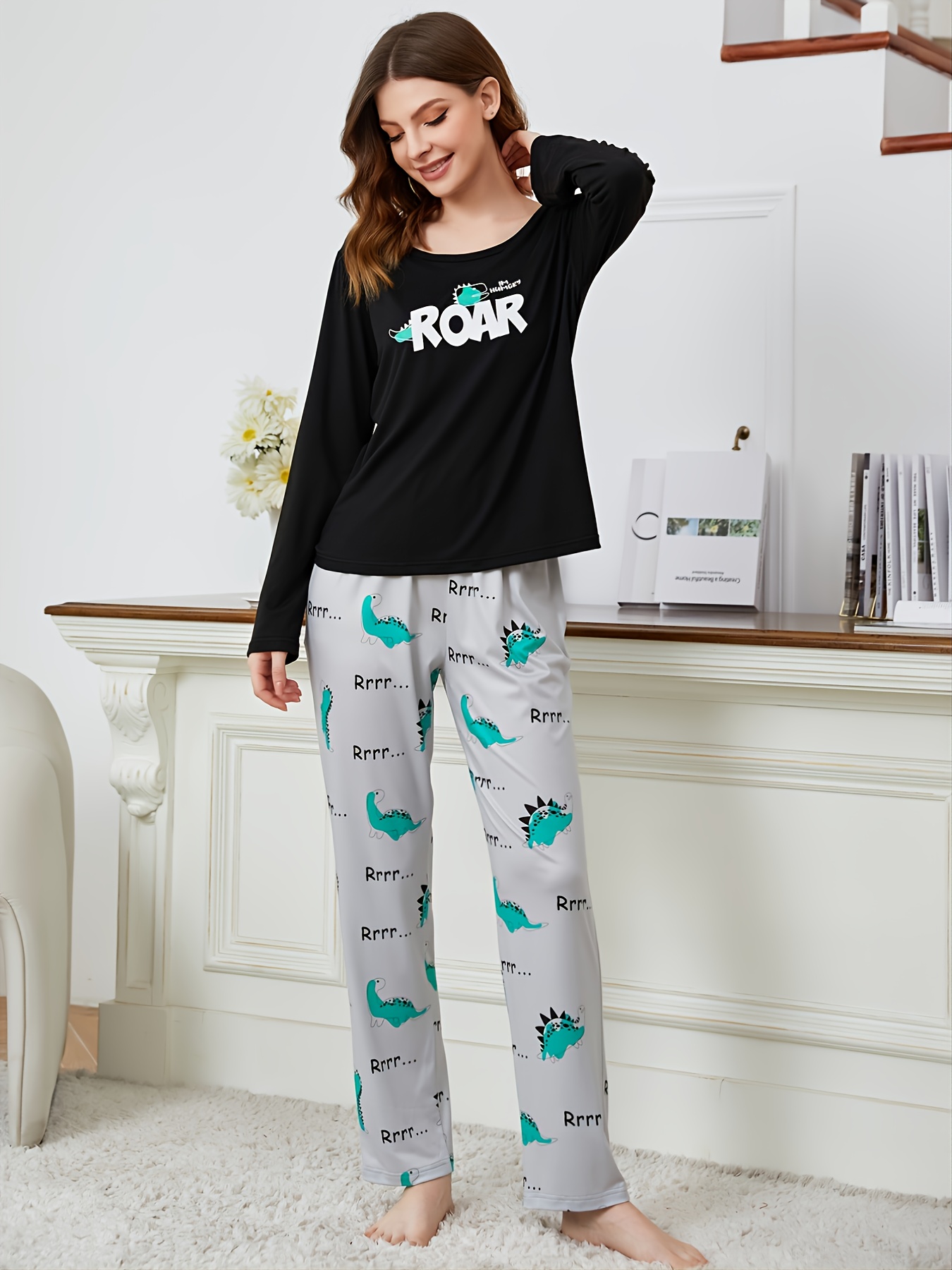 Cute & Soft Pajamas Set, Lightweight Long Sleeve Pajama Top & Elastic  Waistband Pajama Pants, Women's Loungewear & Sleepwear