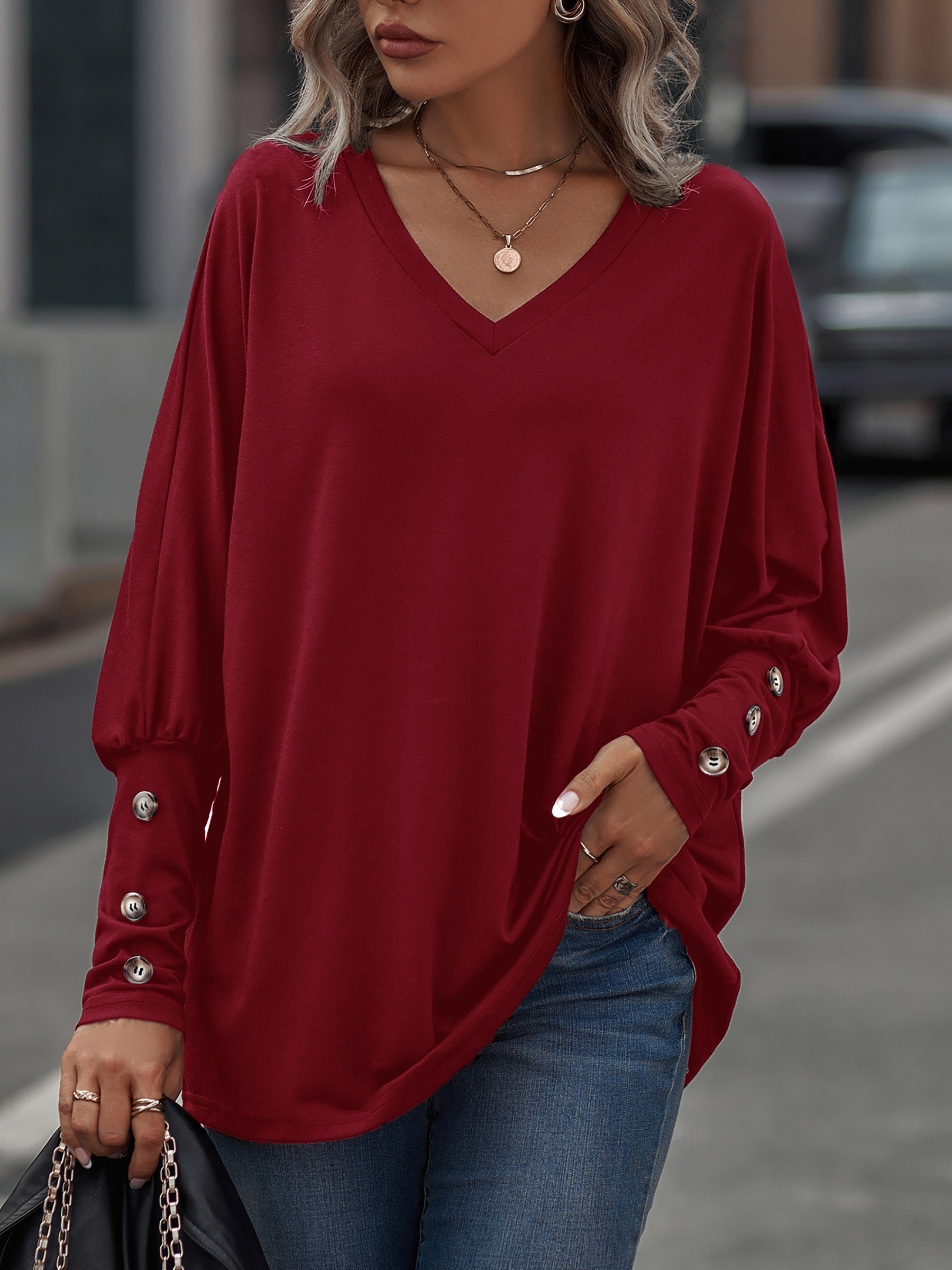 Loose fit V neck Top Oversized Batwing Long Sleeve Shirt - Temu