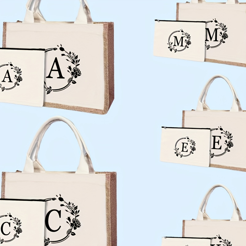 

A~z Letter In Floral Circle Print Canvas Bag Set, Large Handbag With Flaxen Sides And Waterproof Inner Design, Lightweight Handbag For Men Women, Perfect For Daily Commute & Hanging Out