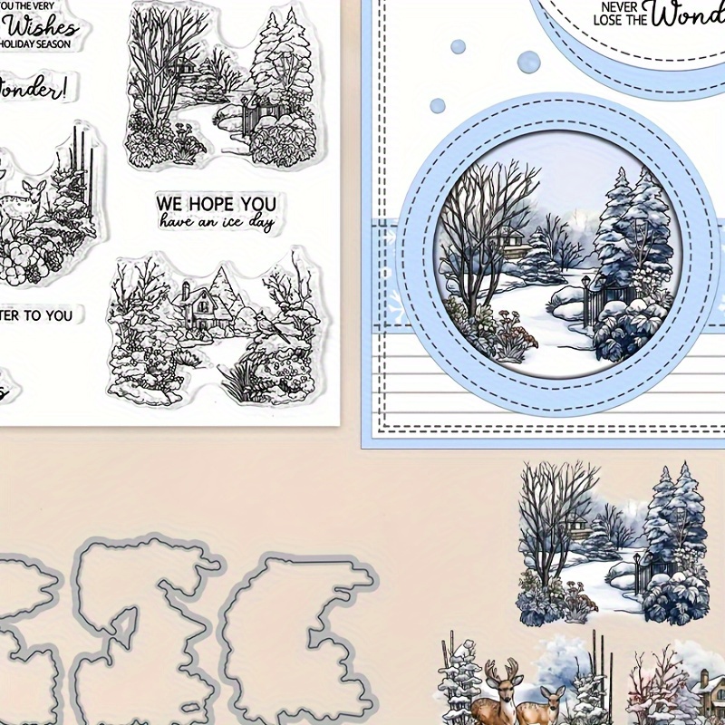 

Winter Days Forest Snow Scenery Cutting Dies Clear Stamp Set Diy Scrapbooking Supplies Knife Mold Metal Dies Silicone Stamp For Cards Albums Crafts Decor