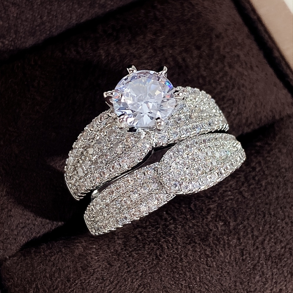 2 Pcs Set 925 Silver Plated Bridal Zircon Ring, Engagement Gift