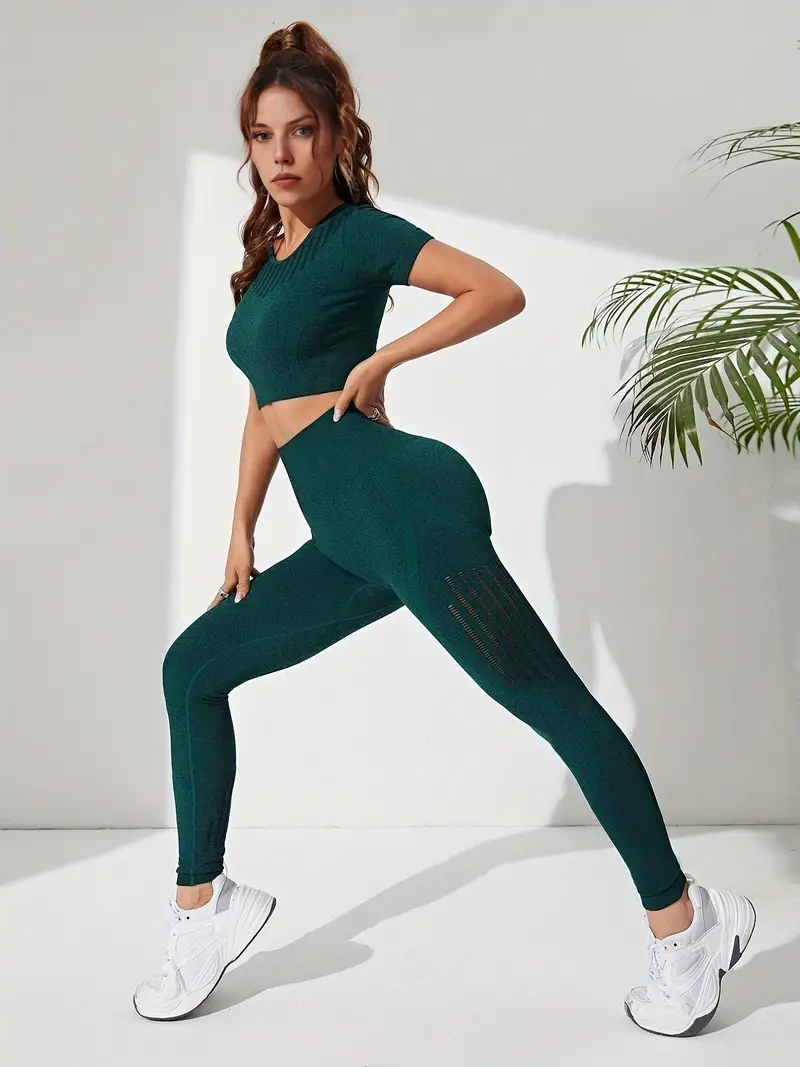 Solid Workout Sets Short Sleeve Yoga Crop Top High Waist - Temu