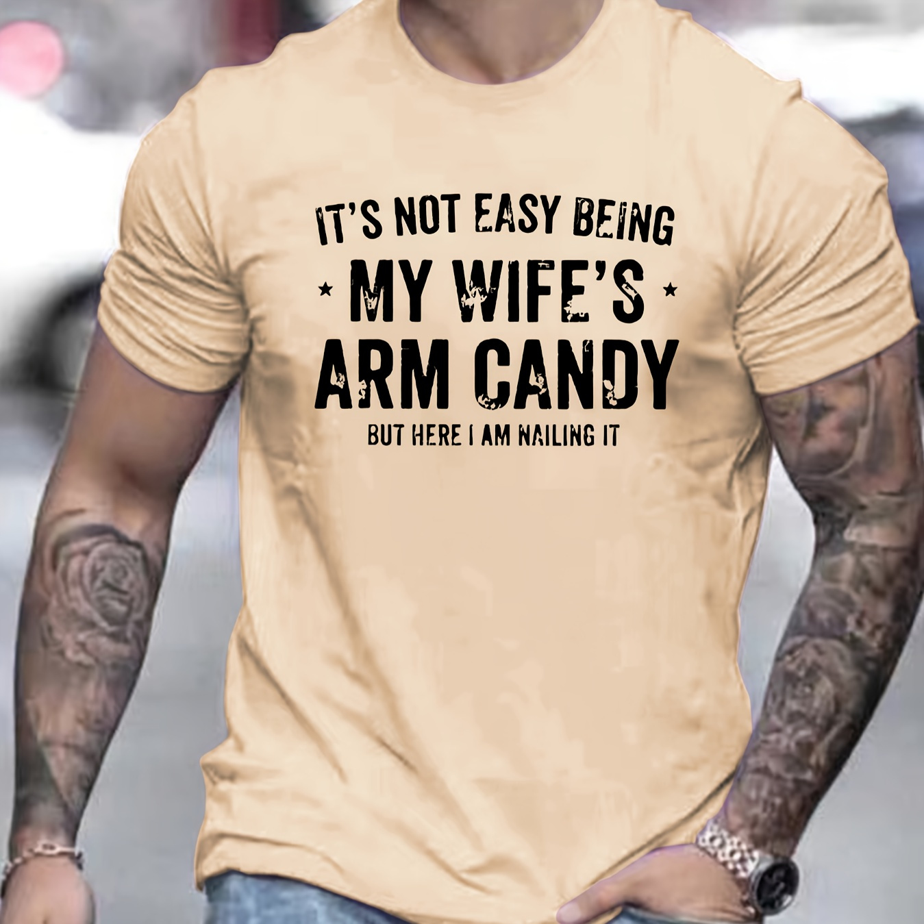 

Men's My Wife's Arm Candy Letter Print Short Sleeve T-shirts, Comfy Casual Elastic Crew Neck Tops For Men's Outdoor Activities