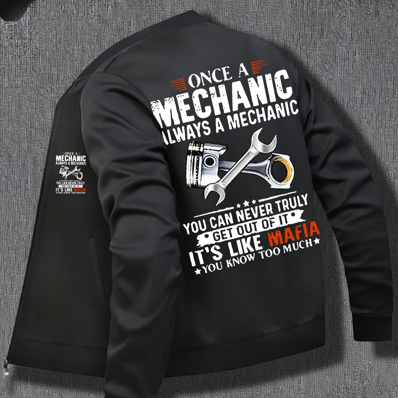 

Mechanic Themed Polyester Sports Jacket For Men - Casual Stand Collar Zip-up Coat With , Slight Stretch Fabric, Fall/winter Essential, No Lining, Regular Fit - Weekend Casual Knit Outerwear