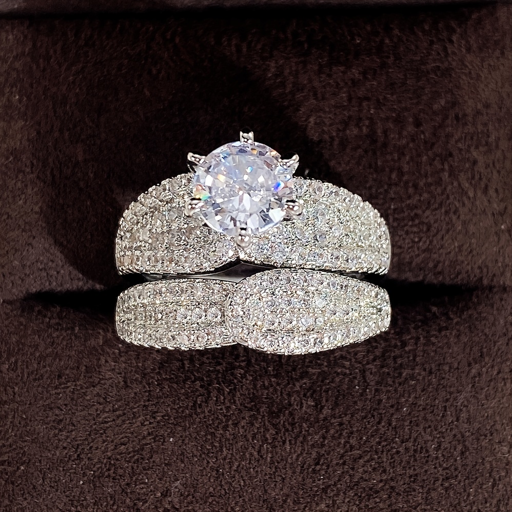 2 Pcs Set 925 Silver Plated Bridal Zircon Ring, Engagement Gift