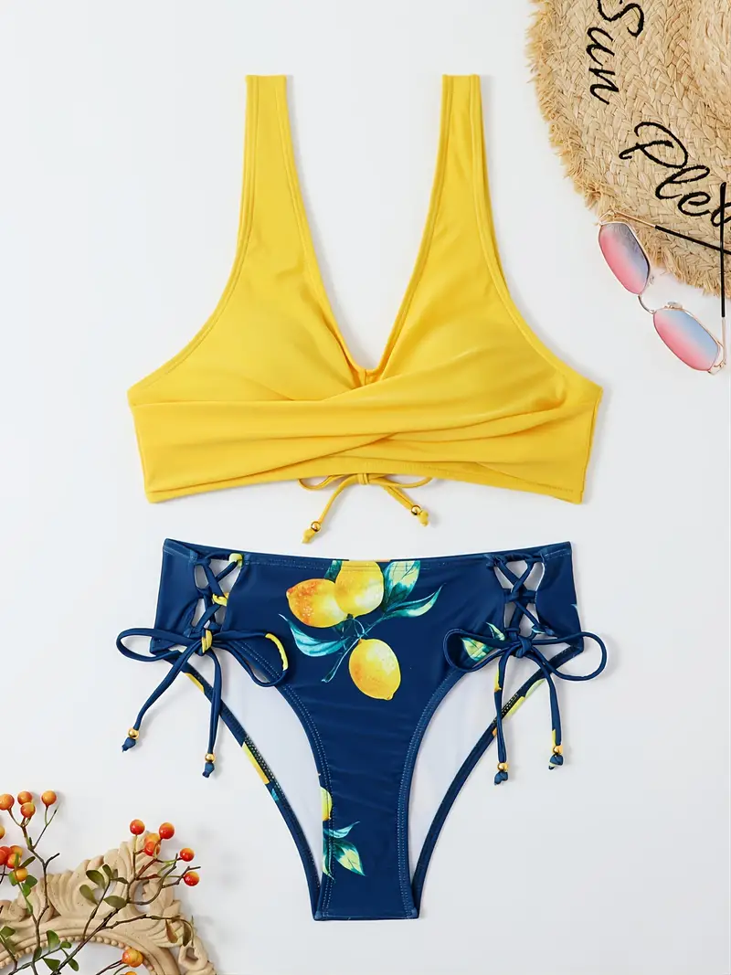 Lemon Print Yellow & Blue Contrast Color Lace Up Back Bra High Waist Tie  Side High Cut Two Piece Bikini Sets Swimsuit, Women's Swimwear