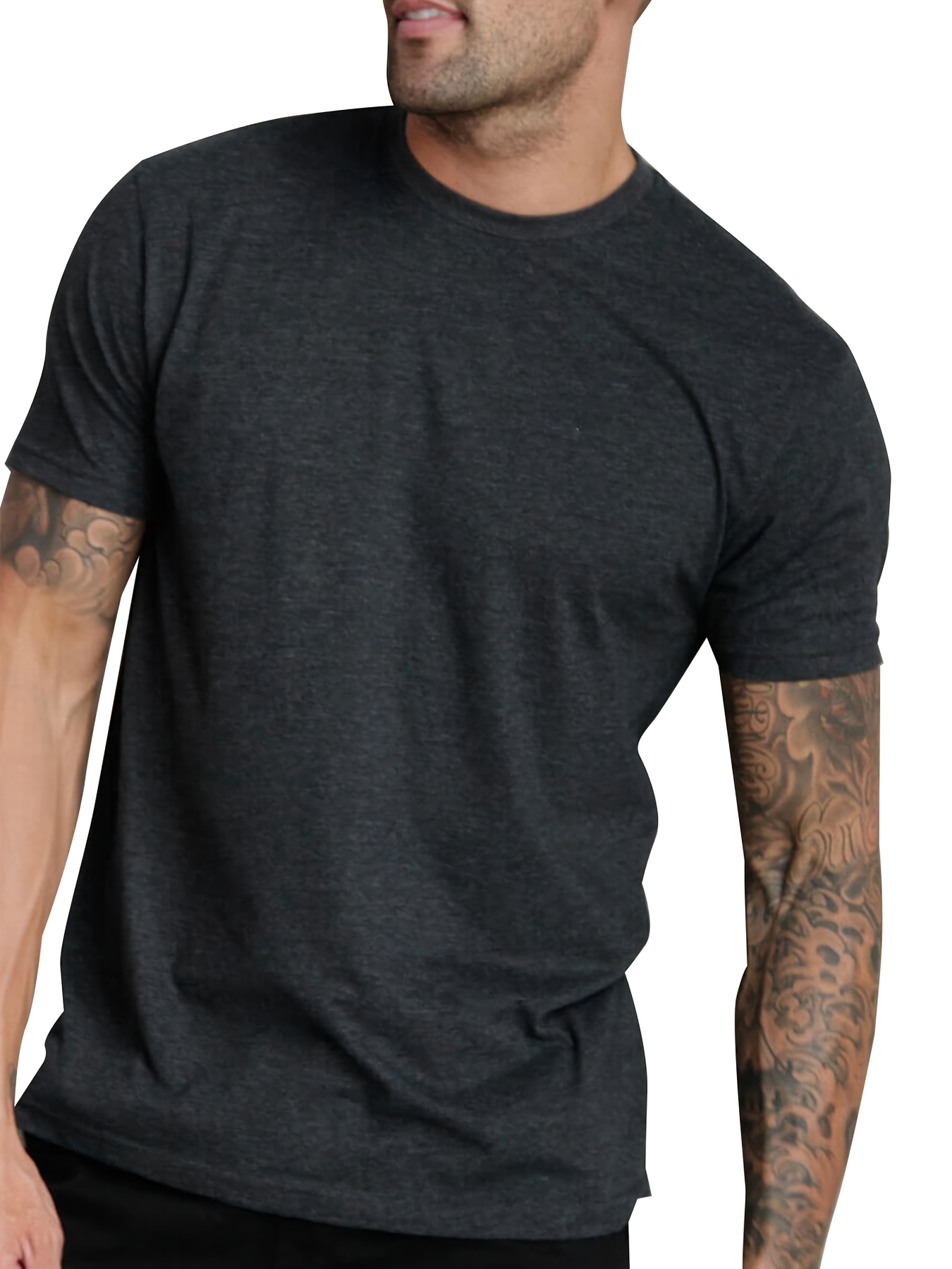  Camiseta básica de punto sólido para hombre, cuello