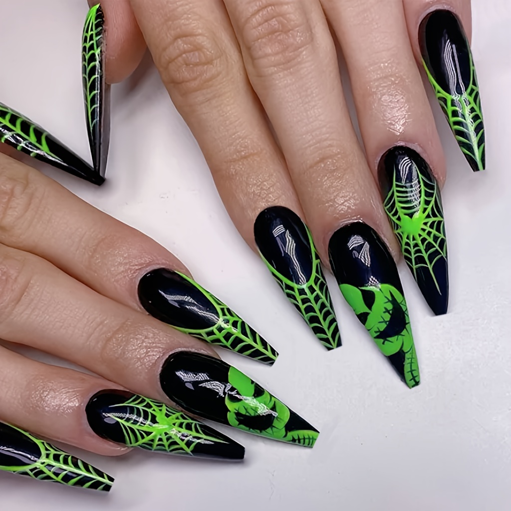  Halloween Press on Nails Long Ghost Coffin Press on