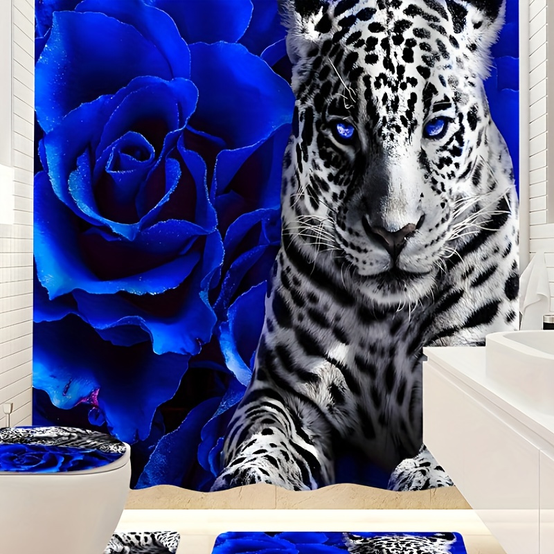 

4pcs Rose And Leopard Curtain Shower Curtain Decoration, Beautiful Housewarming Gift Decoration, Waterproof Shower Curtain And Toilet Floor Mat -piece Set Comes With 12 Shower Curtain Hooks