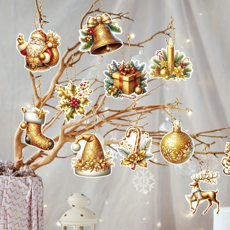 

12pcs Golden Christmas Ornaments Set For Tree Decorations - Seasonal Holiday Charms - Non-electric, Universal Hangtags For , & More - Material Pack Without Feathers