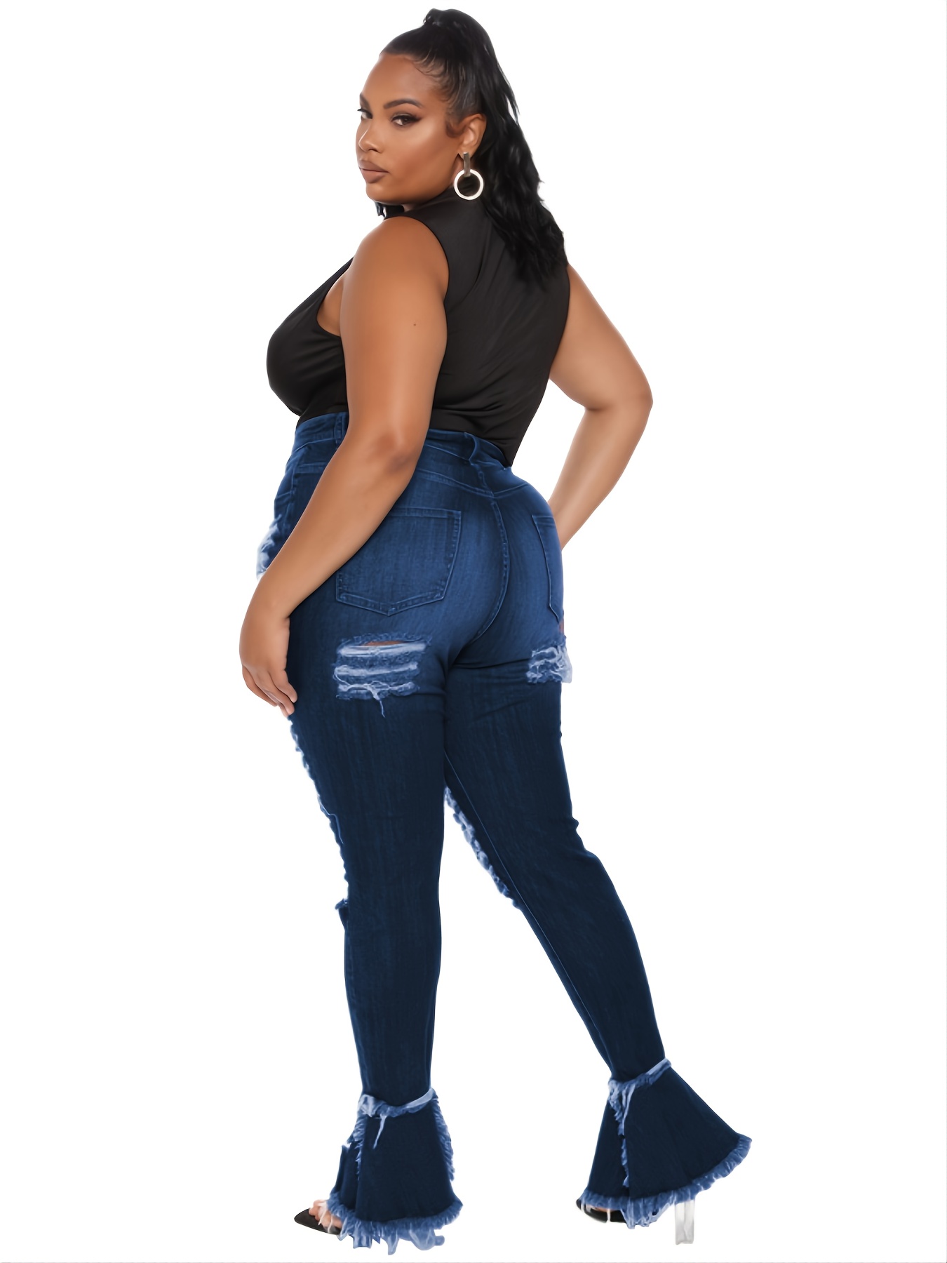 Ripped Holes High Waist Flared Jeans Bell Bottom Shape Wide - Temu Canada