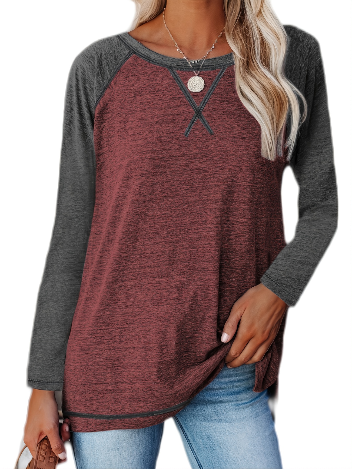 Color Block Long Sleeve Shirt Oversized Crew Neck Top - Temu