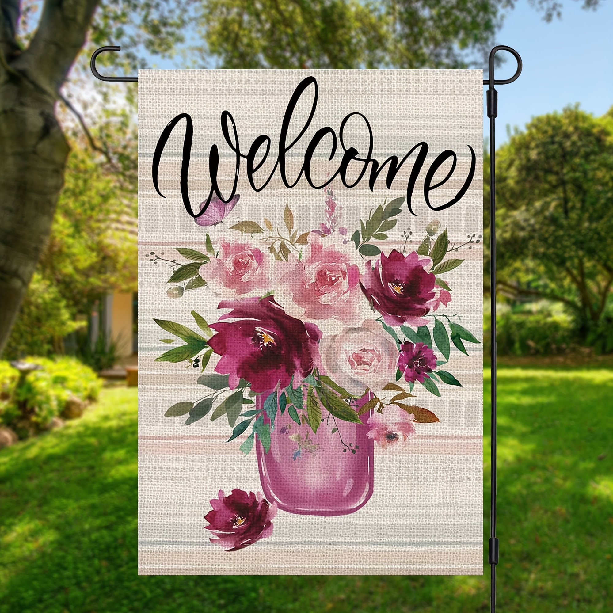 

1pc, Welcome Vase Flowers Garden Flag, Spring Summer Garden Flag, Double Sided Garden Yard Flag, Home Decor, Outside Decor, Yard Decor, Garden Decor, Holiday Decor, No Flagpole