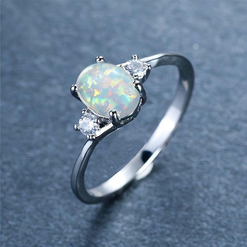 Opal Stone Engagement Ring Classic Silver Crystal Oval Wedding Ring