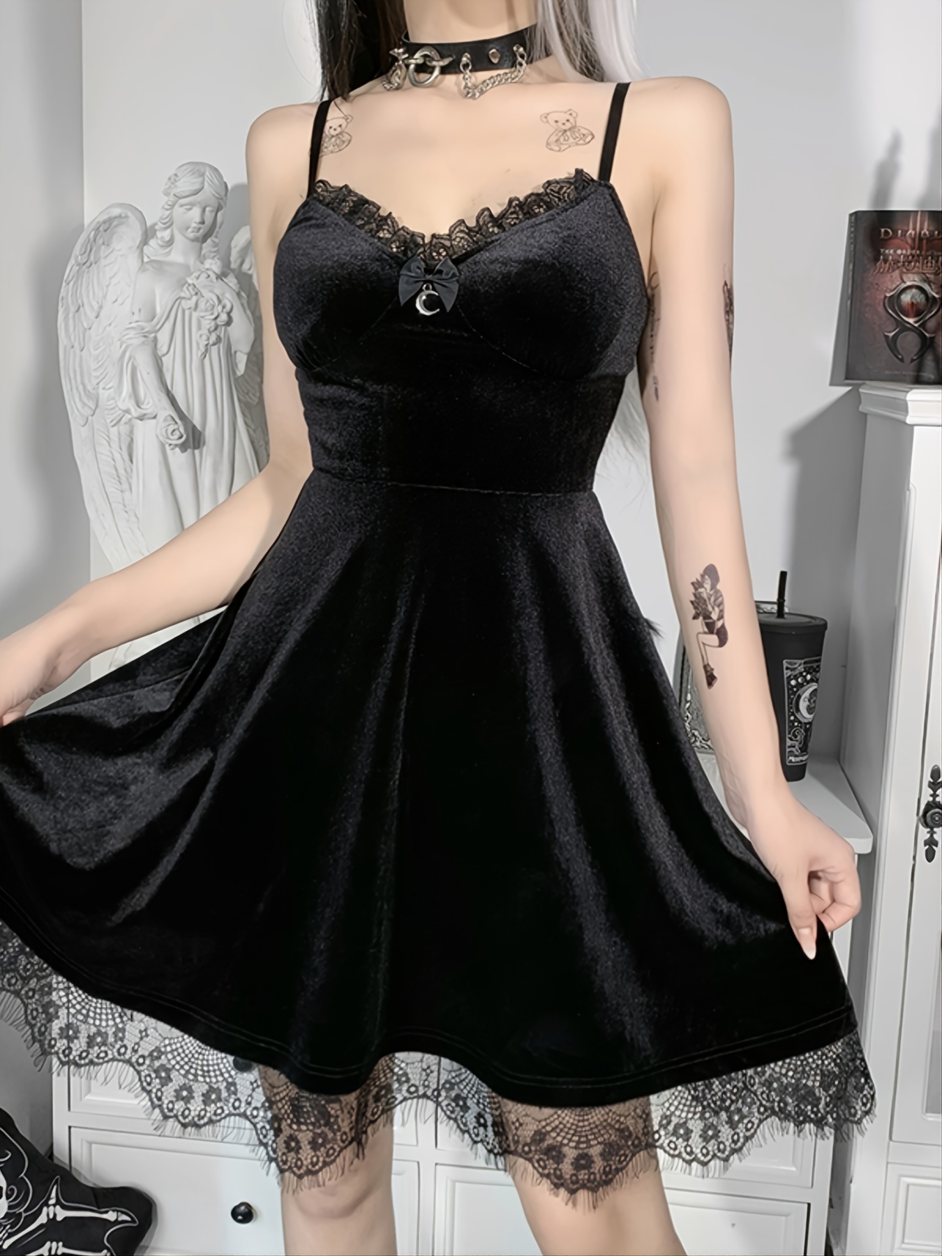 Backless Contrast Lace Dress Gothic Lace Mini Sleeveless - Temu