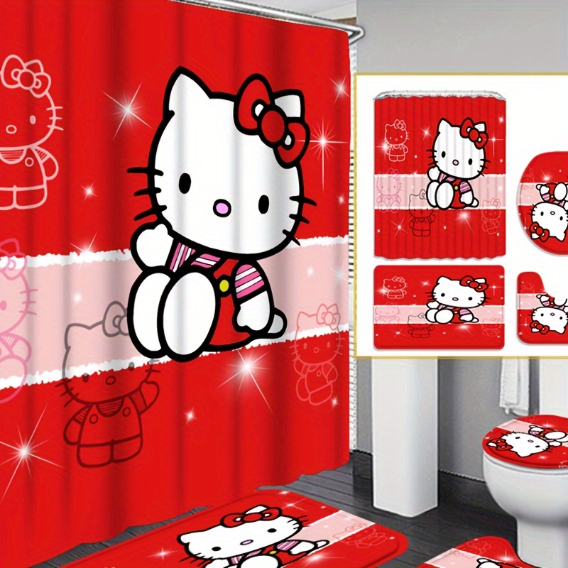 

Sanrio 4pcs Hello Kitty Shower Curtain Set, Beautiful Housewarming Gift, Modern Home Curtain Decoration, Waterproof Shower Curtain And Toilet Floor Mat 3 Piece Set With 12 Shower Curtain Hooks