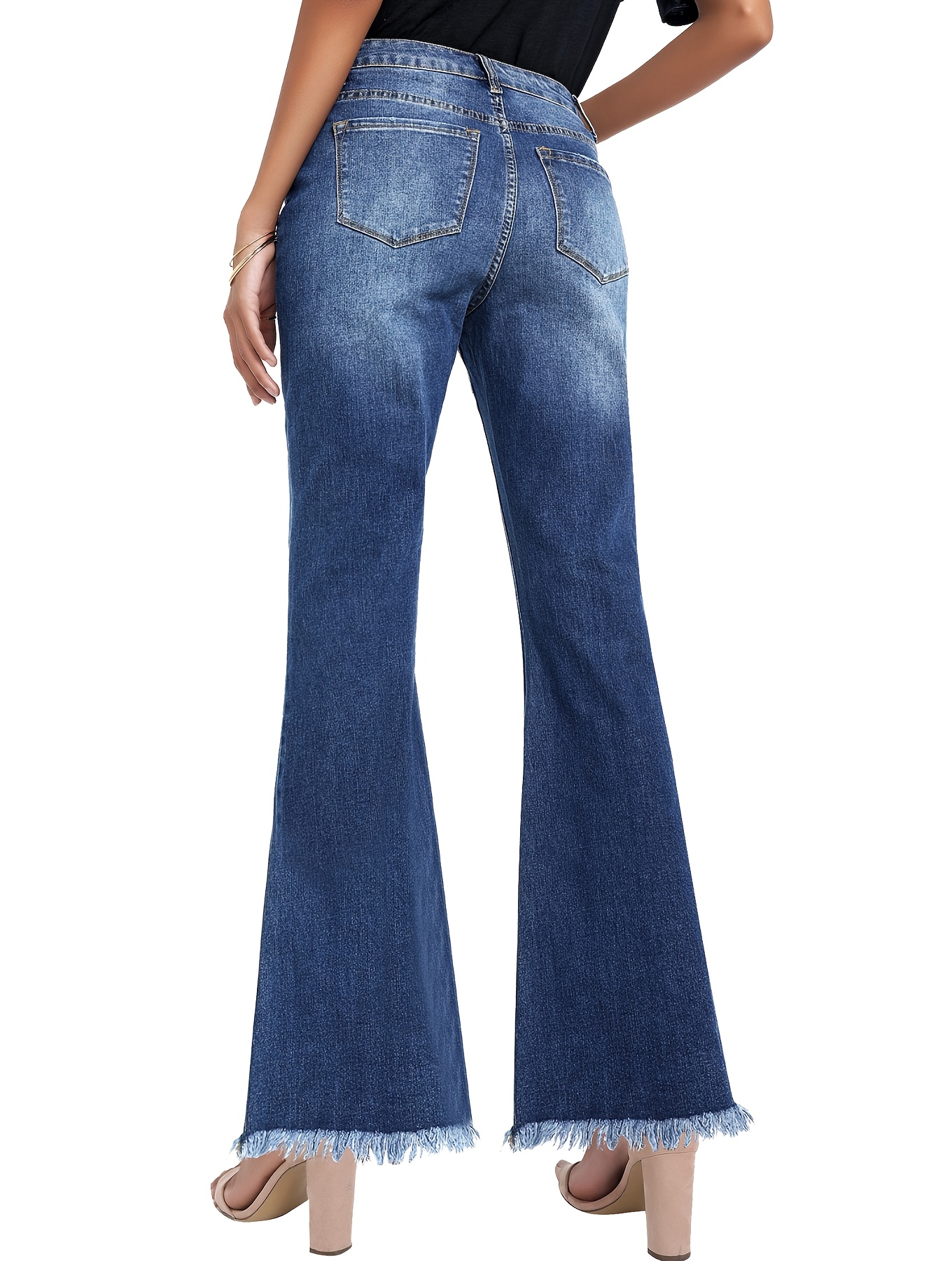 Blue Hem Flared Jeans, Bell Bottom High Waist Distressed High Rise ...