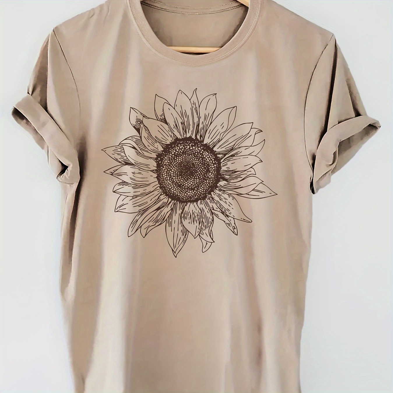 

Sunflower Print T-shirt, Short Sleeve Crew Neck Casual Top For Summer & Spring, Women's Clothing