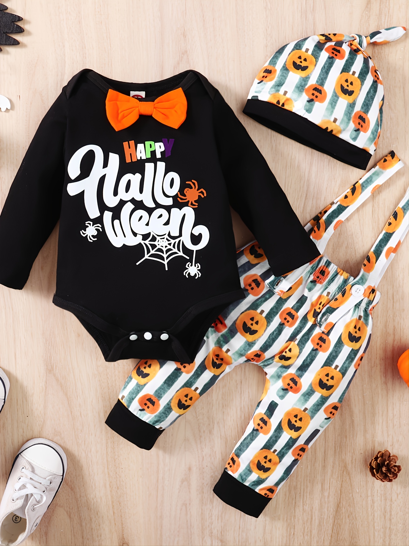 Toddler Baby Boys Halloween Outfit: Romper Tops, Pumpkin Pants and Overalls Hat