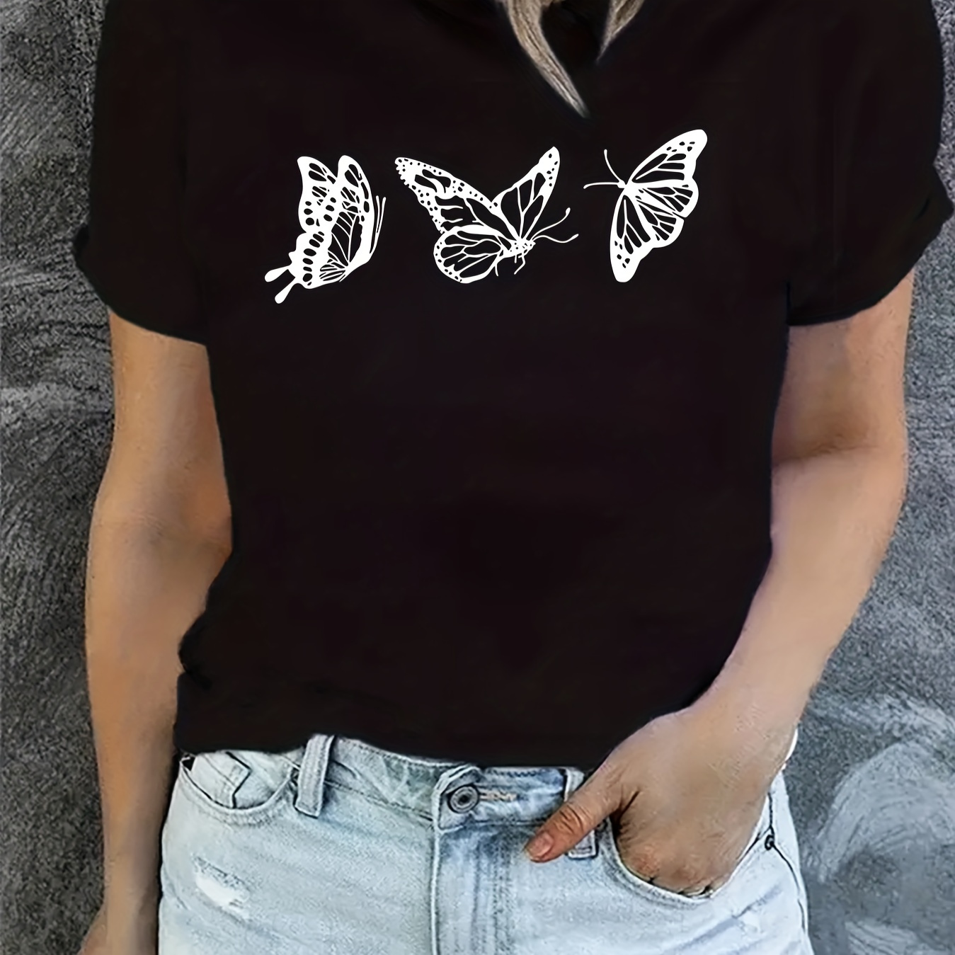 

Butterfly Print Casual Sports Tee, Short Sleeves Fashion Fitness Workout Top, Women's Activewear