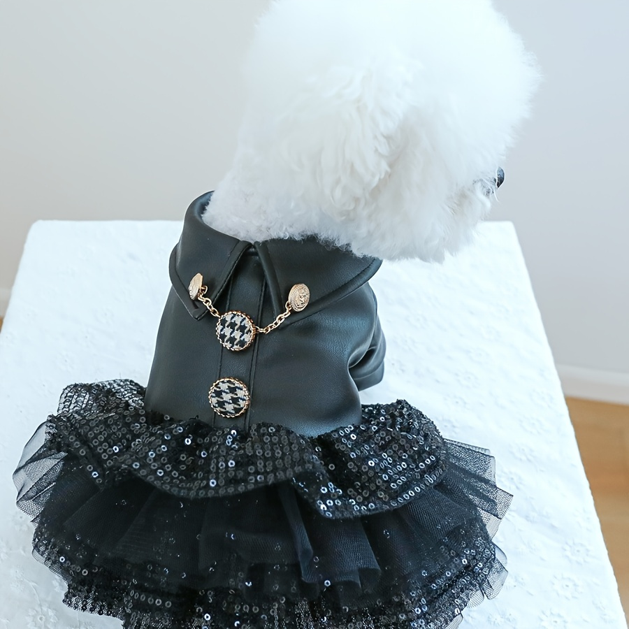 

1pc Pet Dog Dress With Sequins - Polyester Knit Button-up Teddy Bichon Coat For Small Breeds, Hand Washable, Stylish Tutu Skirt For Puppies And Kittens