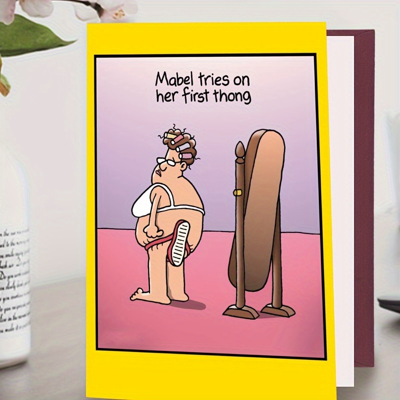 

Cartoon Character Greeting Card, Wearing Pants Made Of Thin Straps In Front Of A Mirror, Suitable For Giving To Her Family And Friends Eid Al-adha Mubarak