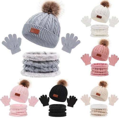 3pcs Kids Knitted Thermal Beanie Hat & Gloves & Scarf Set For Winter