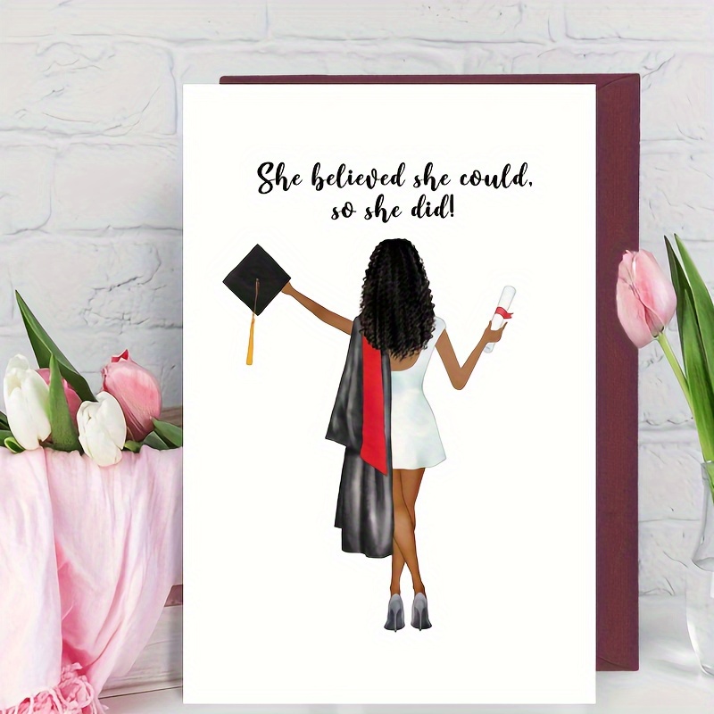 

1pc Graduation Greeting Card For Anyone - Inspirational Woman In White Dress And Black Robe Design - Perfect For Celebrating Graduation Ceremony Achievement