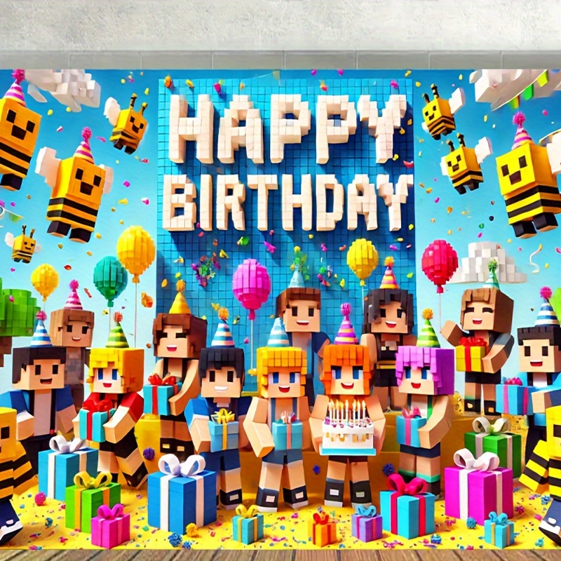 

1pc Pixel Celebration Birthday Party Backdrop, 7x5 Feet Polyester Photo Background, Multipurpose Banner For Cake Table, , Photography, With No Electricity Needed For Indoor/outdoor Events