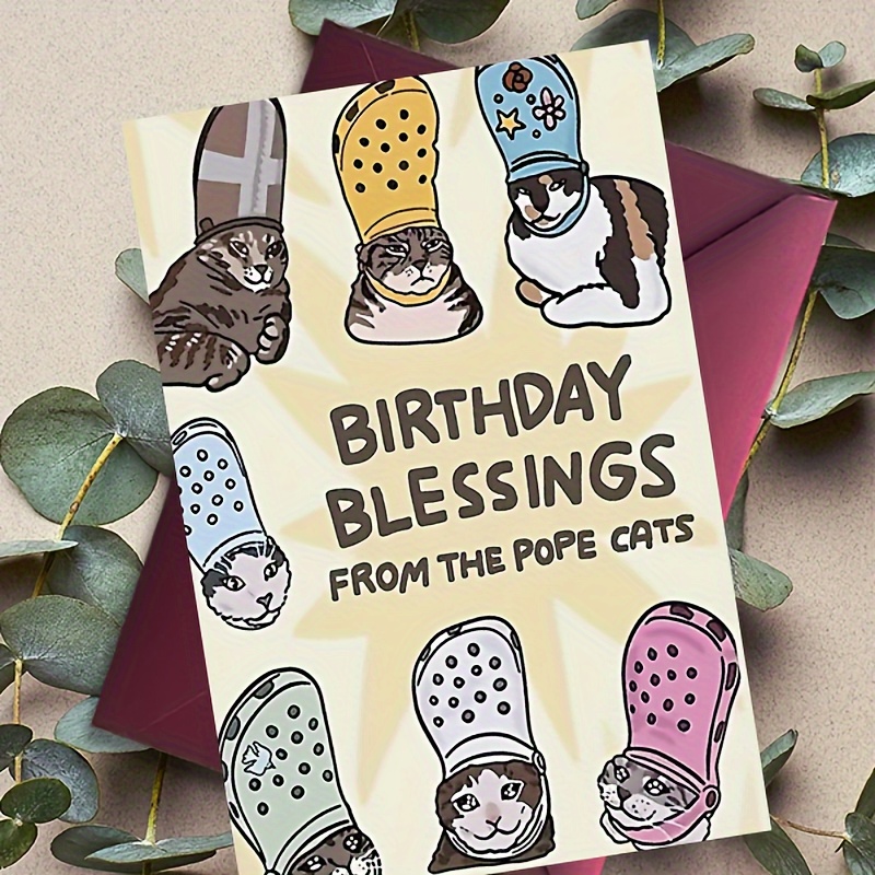 

Birthday Blessings Greeting Card From The Pope Cats - 1pc Unique Cartoon In Religious Headgear, Humorous Celebration Card For All Ages, Perfect For Cat Lovers & Friends Family Gift