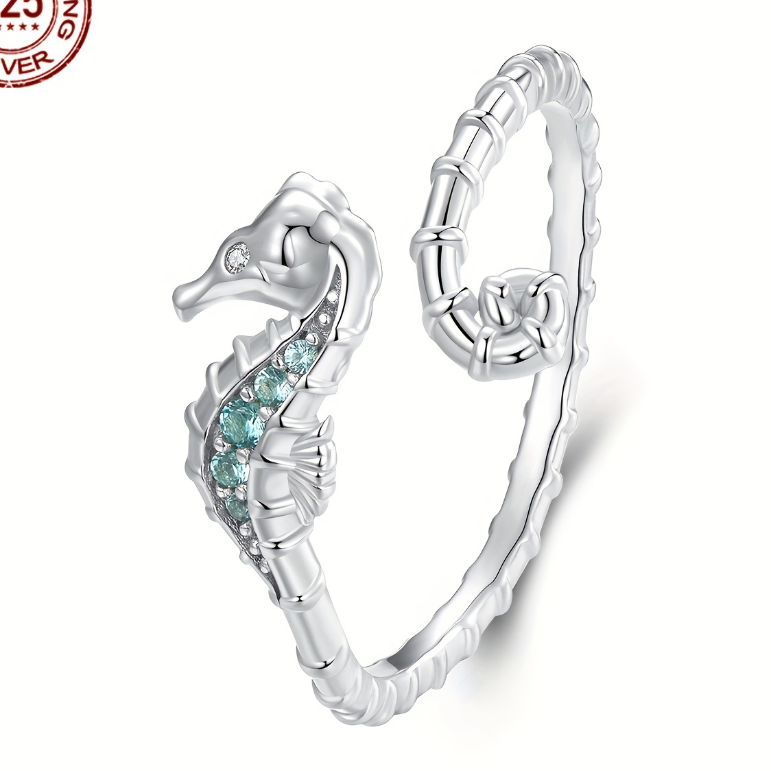 

Elegant 925 Sterling Silver Seahorse Ring With Turquoise Details, Animal Inspired Charm Jewelry, Hypoallergenic, Power-free Accessory