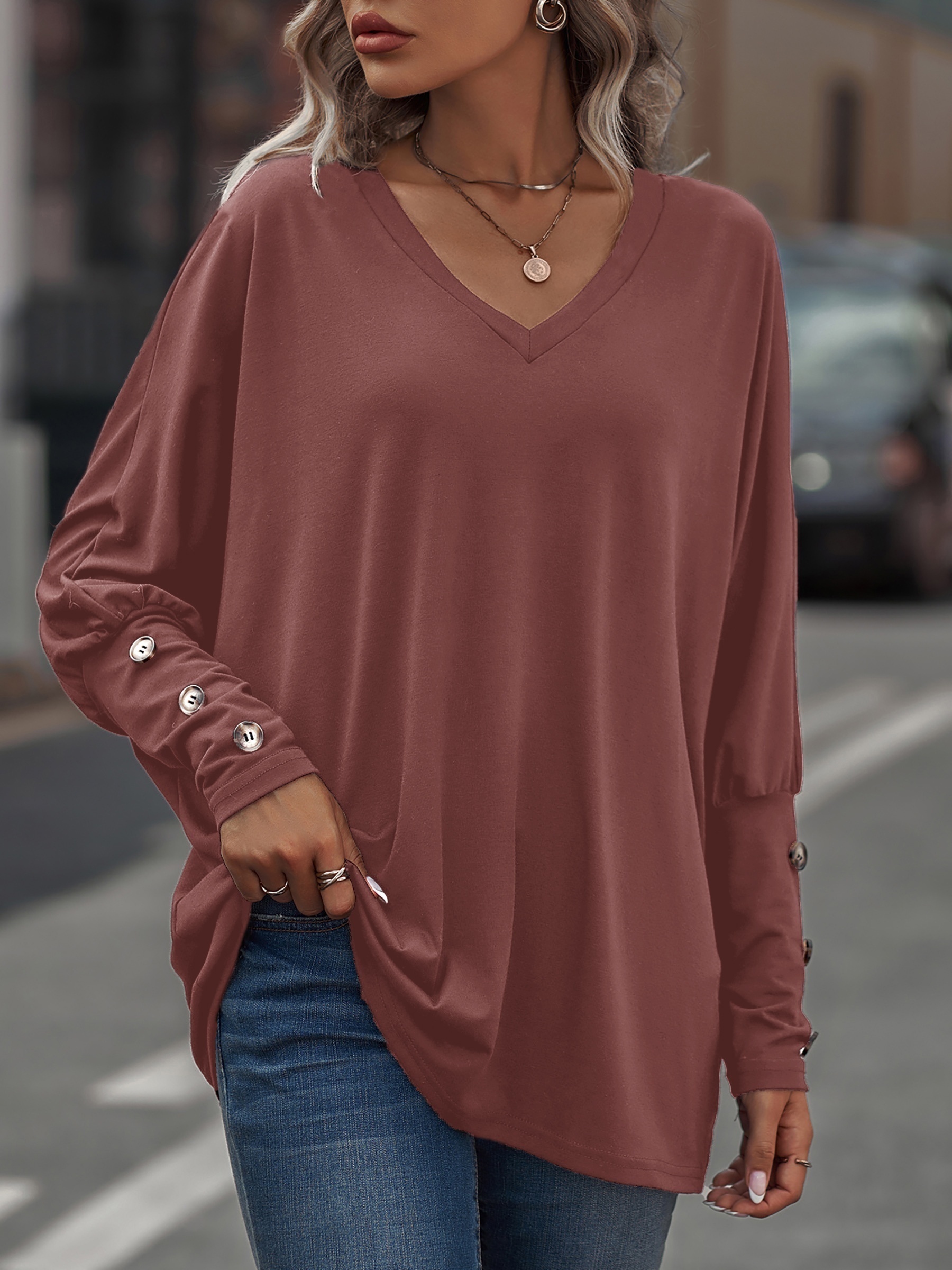 Loose fit V neck Top Oversized Batwing Long Sleeve Shirt - Temu Canada
