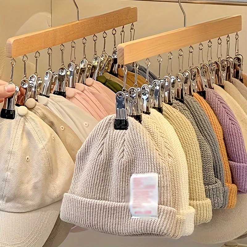 

1pc Adjustable Wooden Hat Rack With 6/10/12 Clips, Multi-purpose Clothes Organizer For Underwear, Ties, Scarves, Belts, Space-saving Hanger For Bathroom, Bedroom, Closet, Wardrobe, Home, Dorm