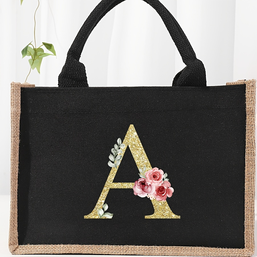 

Flower Letter Print Large Black Flaxen Canvas Shoulder Bag For Men, Picnic Junkets Bag For Vacation, Shopper Grocery Bag With Black Handle, A~z