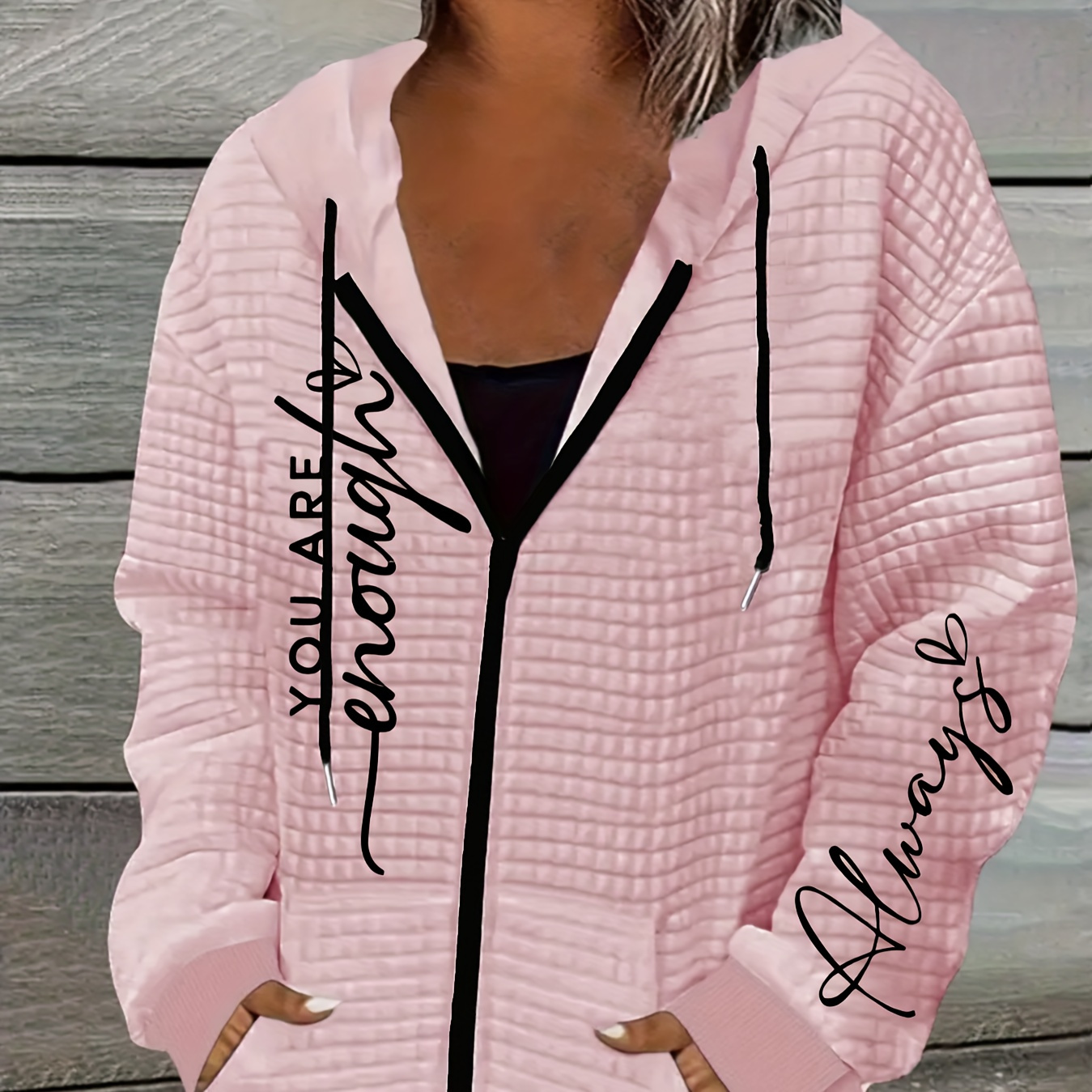 

Letter Print Zip Up Waffle Hoodie, Casual Long Sleeve Hooded Sweatshirt For Fall & Spring, Women's Clothing