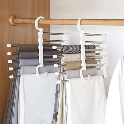 1pc 5 In 1 Magic Trouser Rack Hangers Stainless Steel Folding Pant Rack Tie Hanger Shelves Bedroom Closet Organizer Wardrobe Storage