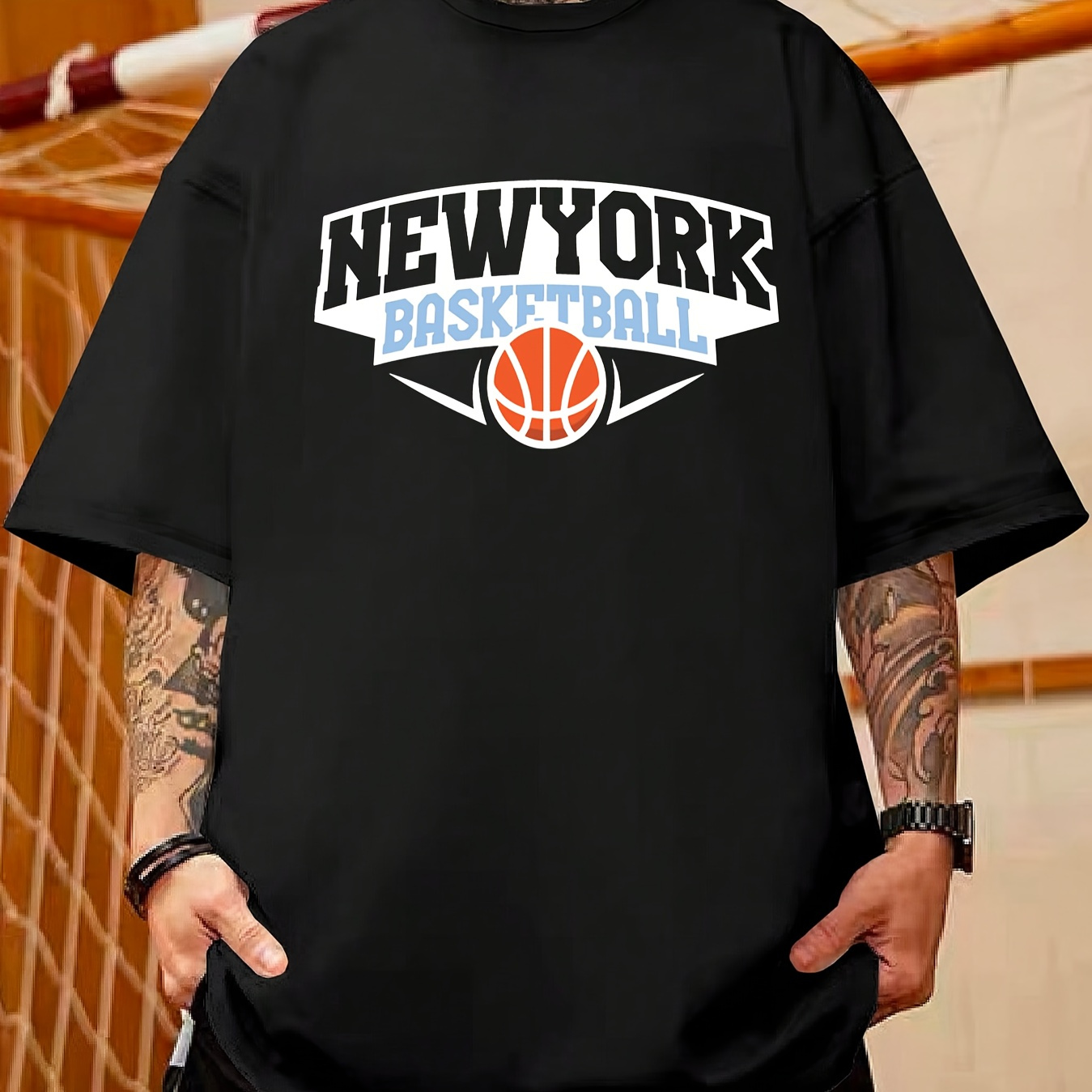 

New York Basketball Graphic Print Men's Creative Top, Casual Short Sleeve Crew Neck T-shirt, Men's Clothing For Summer Outdoor