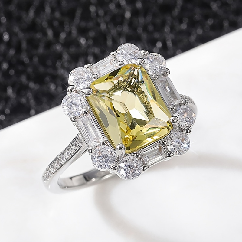 Princess Square Cut Citrine & Cubic Zirconia Silver Ring