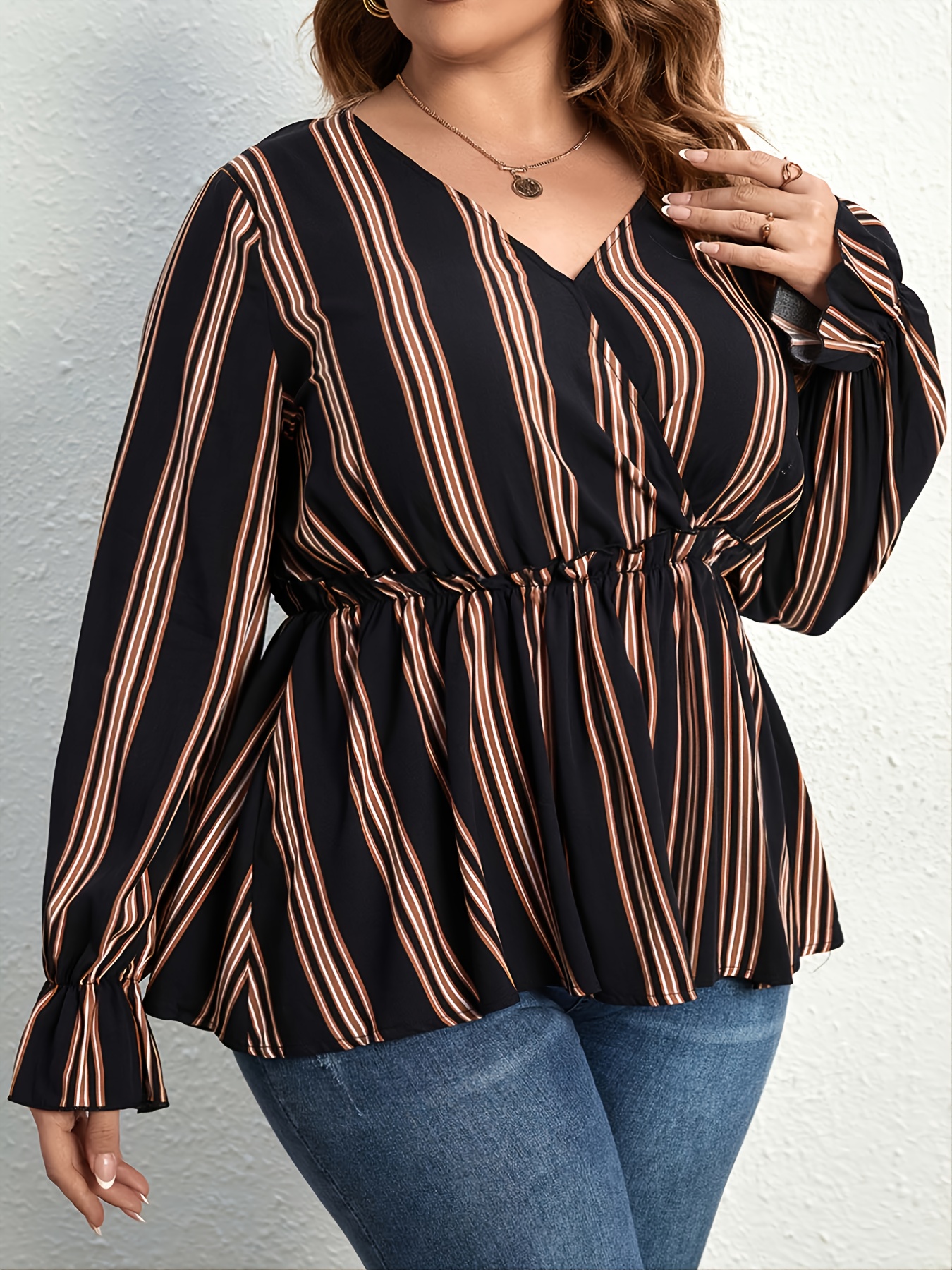 Plus Size Strip Print V Neck Wrap Blouse, Women's Plus Elegant Elastic  Waist Blouse