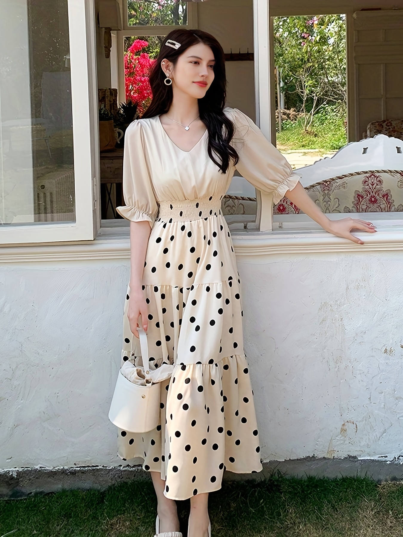 Polka Dot Tiered Maxi Dress, Half Sleeve V Neck Random Print Casual Dress,  Women's Clothing