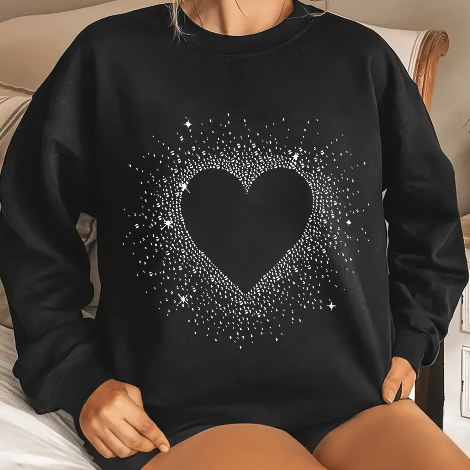 

Women's Sparkle Heart Neck Sweatshirt - 100% Polyester Casual Pullover Long Sleeve Knit Top For Fall/winter