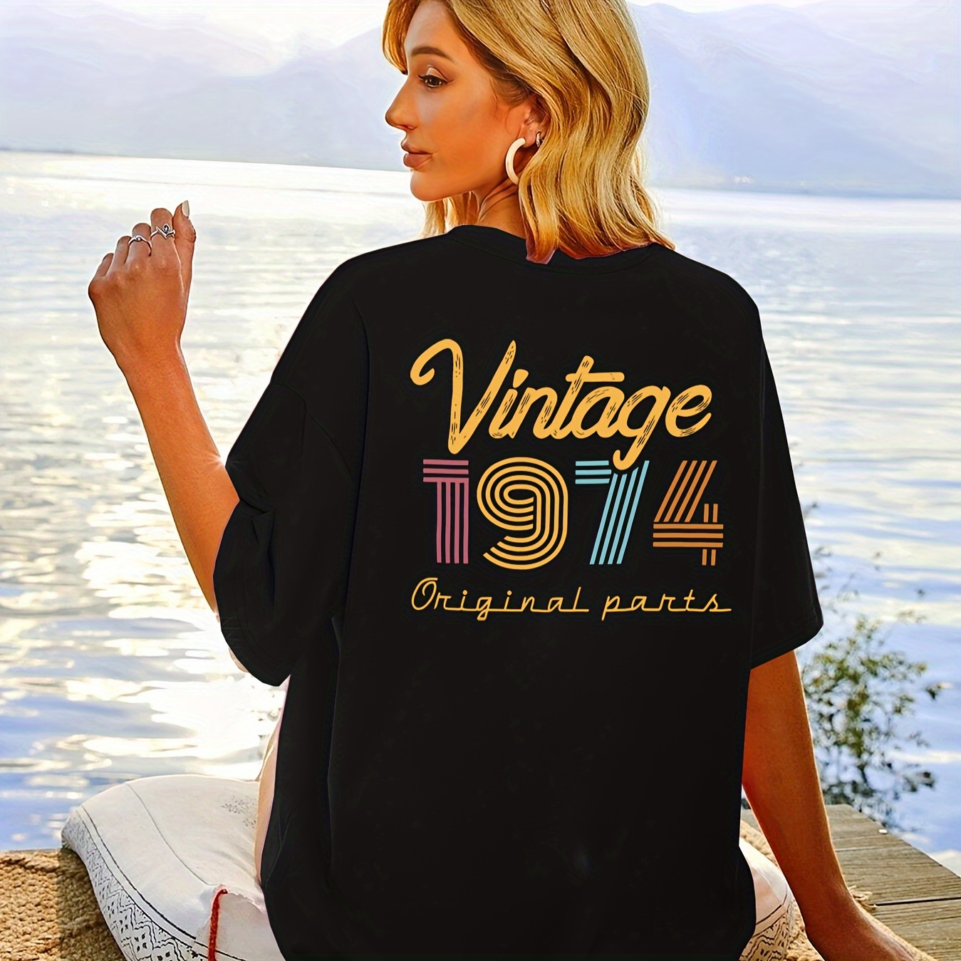 

Vintage 1974 Letter Print Causal Short Sleeves Tops, Fashion Personality Round Neck Sports T-shirt, Women's Activewear