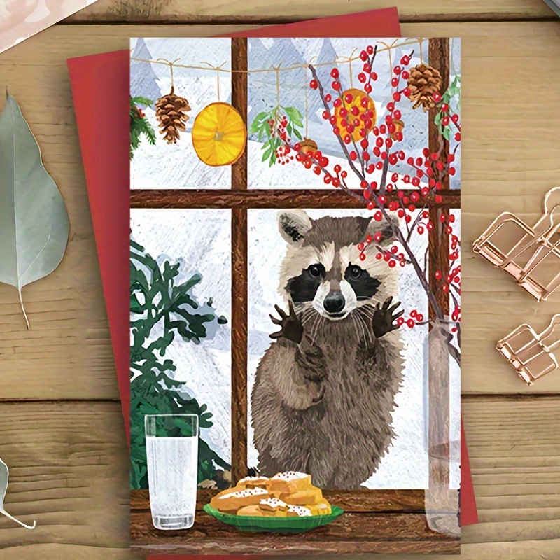 

1pc Christmas Greeting With Envelope - Holiday Illustration Featuring Raccoon Peering Through Window At Cookies - Versatile Seasonal Greetings For Family And Friends