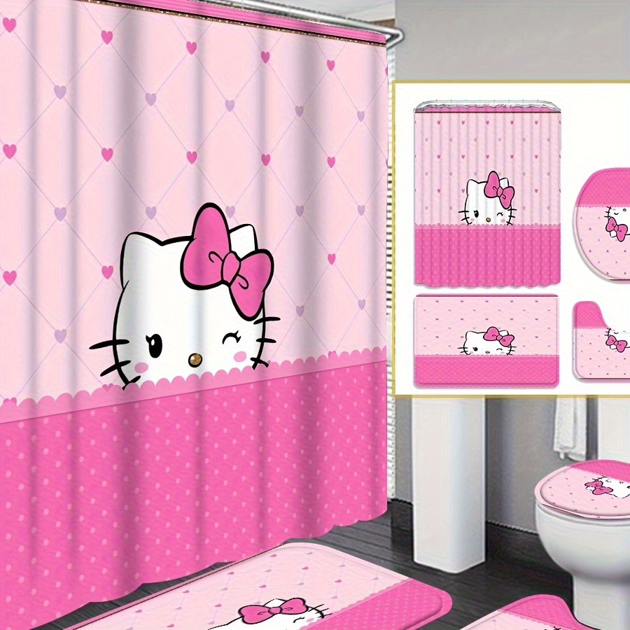 

Sanrio 4pcs Hello Kitty Shower Curtain Set, Beautiful Housewarming Gift, Curtain Decoration, Waterproof Shower Curtain And Toilet Floor Mat Piece Set With 12 Shower Curtain Hooks