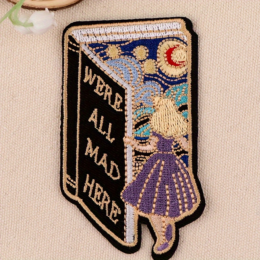 

1pc Van -inspired "where Are All Mad Here" Embroidered Iron-on Patch, Starry Night Design With Girl Reading Letter Motif - Polyester Applique For Clothing, Hats, Denim & T-shirts