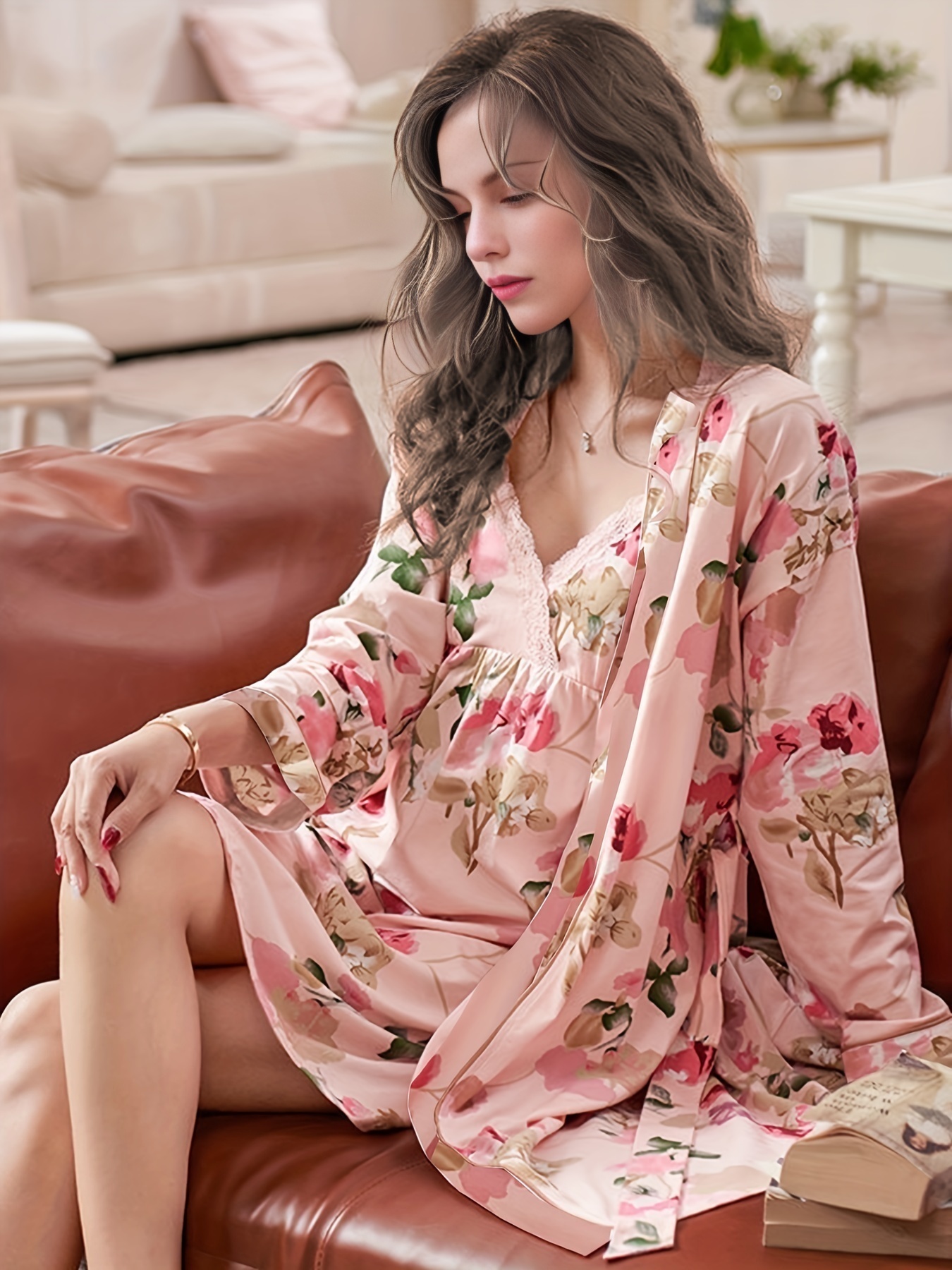 Romantic Floral Printed Lace Slip Dress with Robe Pajamas Set for